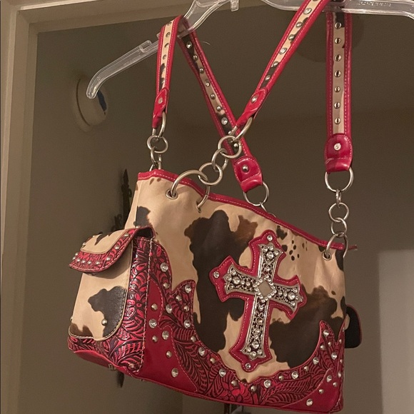 Handbags - Studded Cross Design Red and Tan Women's Bag